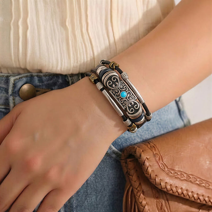 Bracciale da uomo vintage western in pelle con pietre blu e filigrana - image 2
