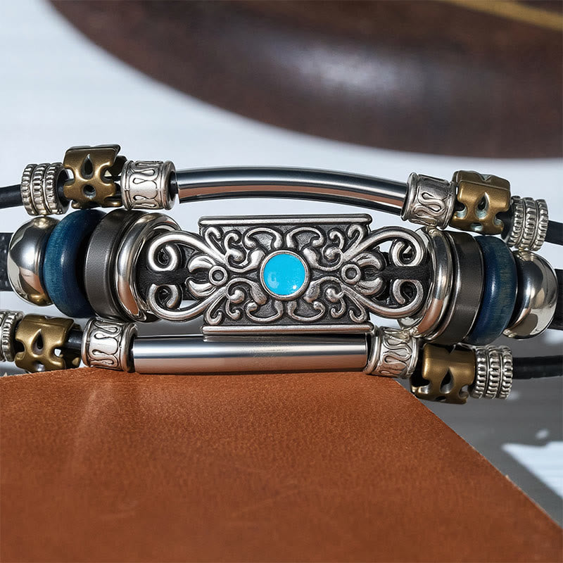Bracciale da uomo vintage western in pelle con pietre blu e filigrana - image 6