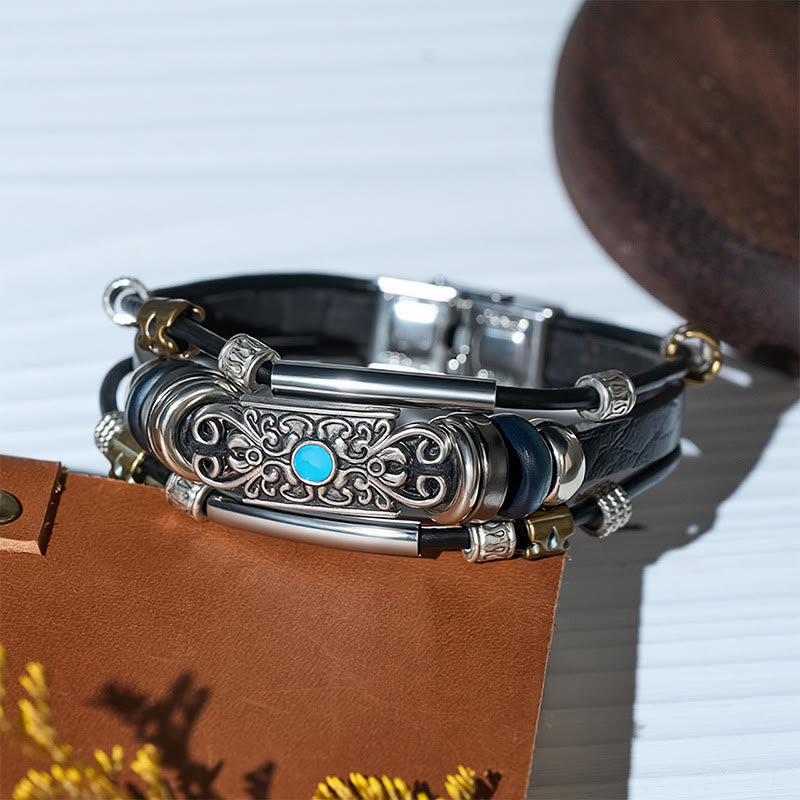 Bracciale da uomo vintage western in pelle con pietre blu e filigrana - image 5