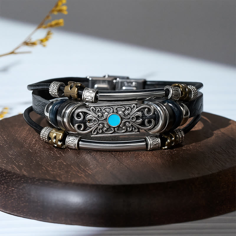 Bracciale da uomo vintage western in pelle con pietre blu e filigrana - image 3