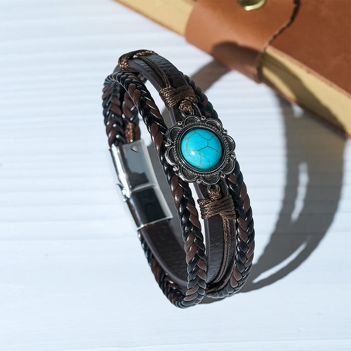 Bracciale da uomo in pelle nera stile sud-occidentale con conchos turchesi - Marrone - image 0