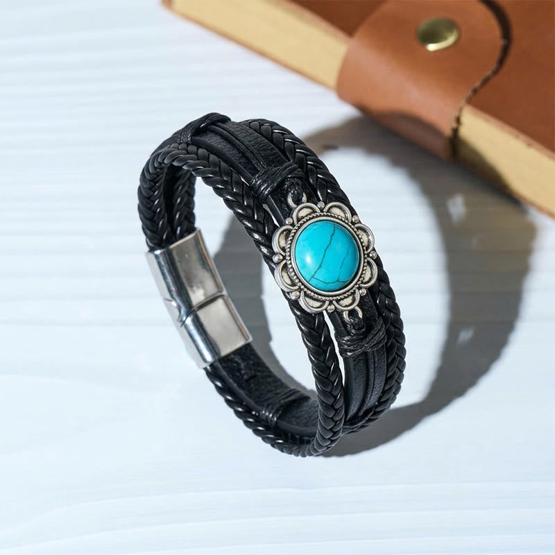 Bracciale da uomo in pelle nera stile sud-occidentale con conchos turchesi - Nero - image 3