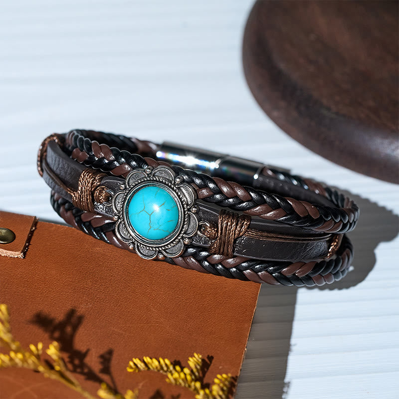Bracciale da uomo in pelle nera stile sud-occidentale con conchos turchesi - image 6