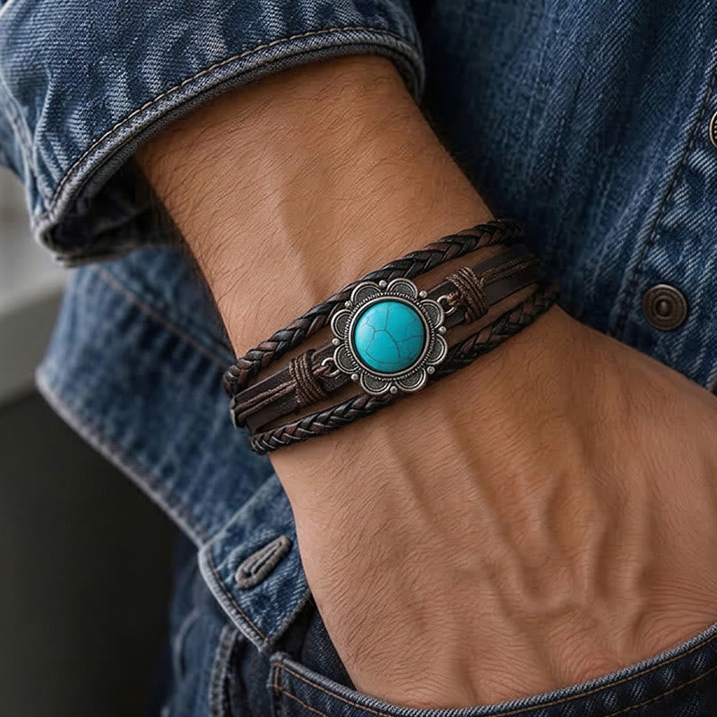 Bracciale da uomo in pelle nera stile sud-occidentale con conchos turchesi - image 1