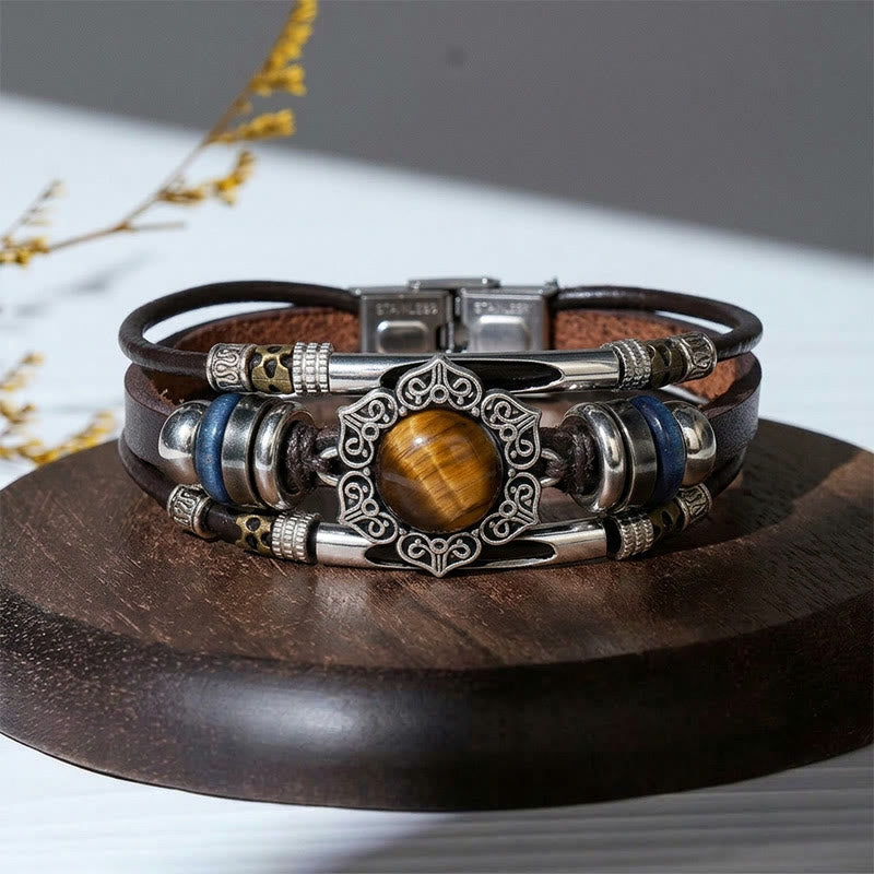 Bracciale vintage in acciaio inossidabile, pelle e pietra ovale naturale, stile sud-occidentale - Stile n. 3 - image 4