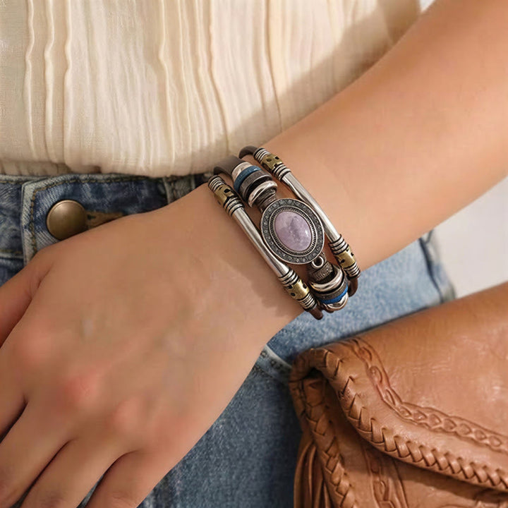 Bracciale vintage in acciaio inossidabile, pelle e pietra ovale naturale, stile sud-occidentale - image 3