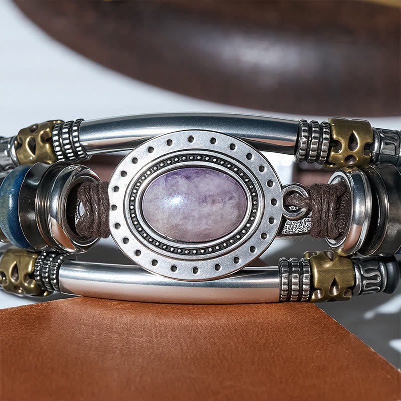 Bracciale vintage in acciaio inossidabile, pelle e pietra ovale naturale, stile sud-occidentale - image 11