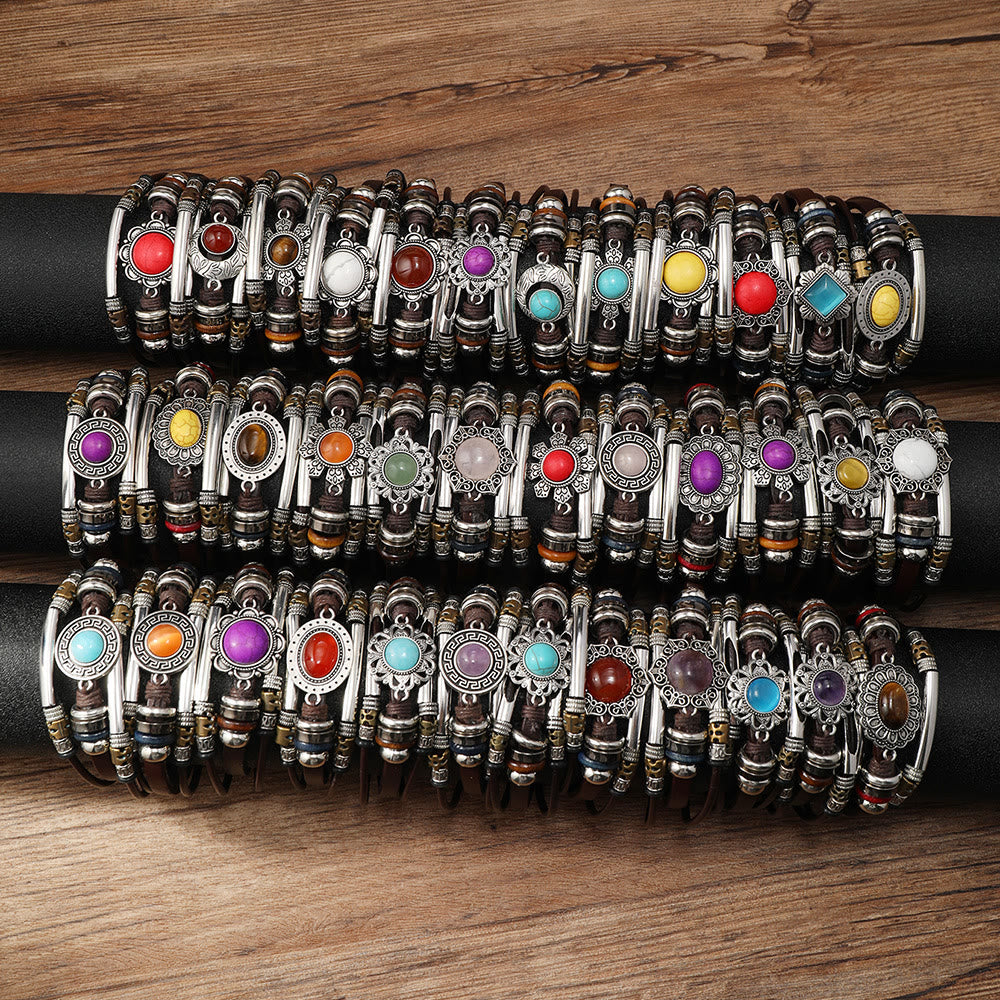 Bracciale vintage boho in pelle con pietre occhio di gatto e filigrana. - Set da 2 pezzi (colore/stile casuale) - image 0