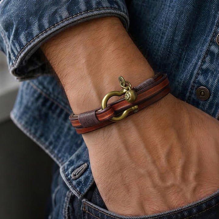 Bracciale da uomo vintage in pelle a due giri con chiusura a ferro di cavallo - image 1