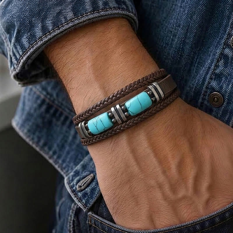 Bracciale da uomo in pelle intrecciata stile western con inserti in turchese. - image 1