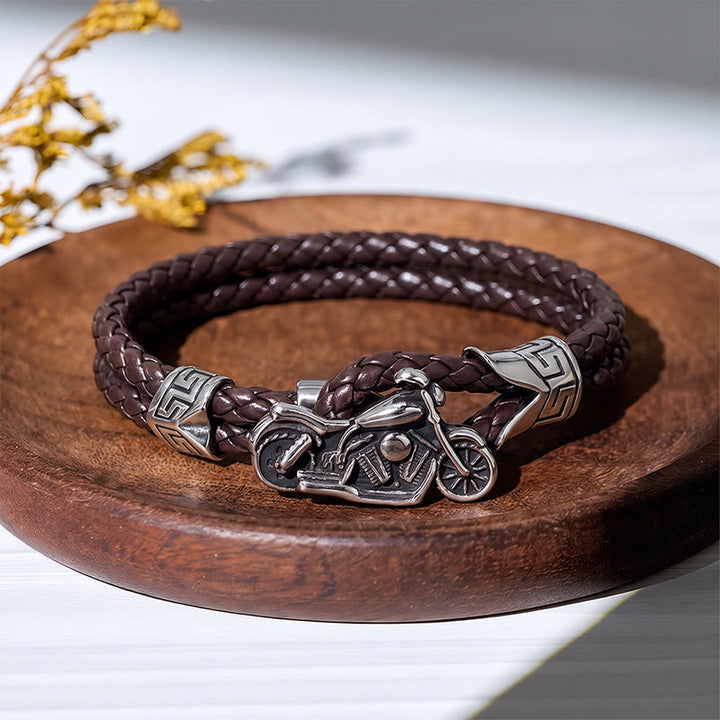 Bracciale in pelle con motivo motociclistico punk retrò - Marrone - image 3