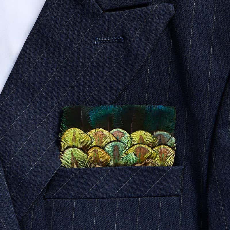 Fazzoletto da taschino con piume iridescenti verde pavone e giallo senape - Verde e giallo - image 0