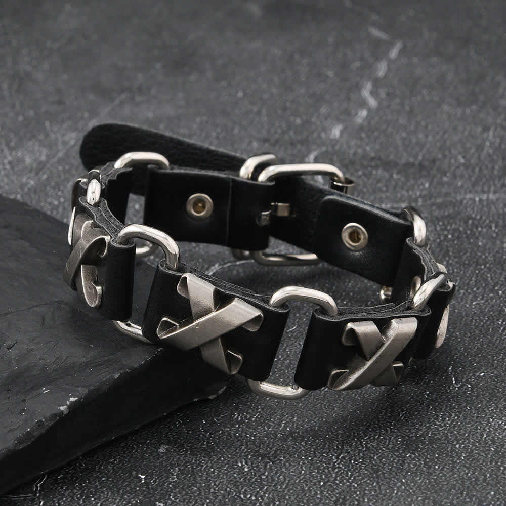 Bracciale in pelle sintetica PU con borchie, stile gotico punk heavy metal - Borchie a X - image 2