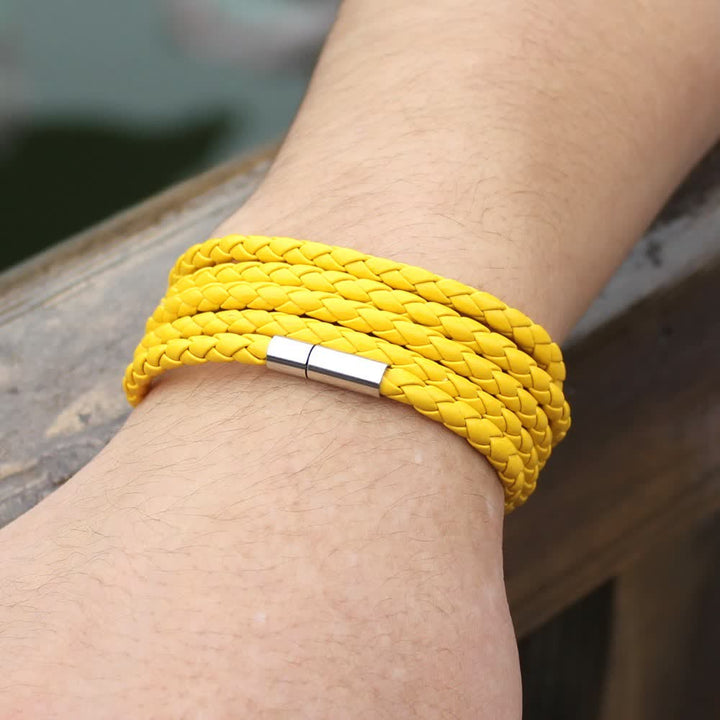 Bracciale avvolgente in pelle sintetica intrecciata con fibbia magnetica multistrato - Giallo - image 12