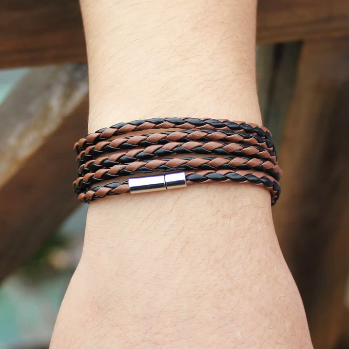 Bracciale avvolgente in pelle sintetica intrecciata con fibbia magnetica multistrato - Nero e caffè - image 6