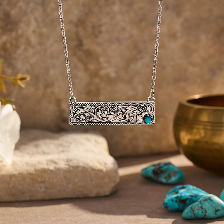 Collana rettangolare turchese incisa in stile bohémien vintage - Argento - image 0