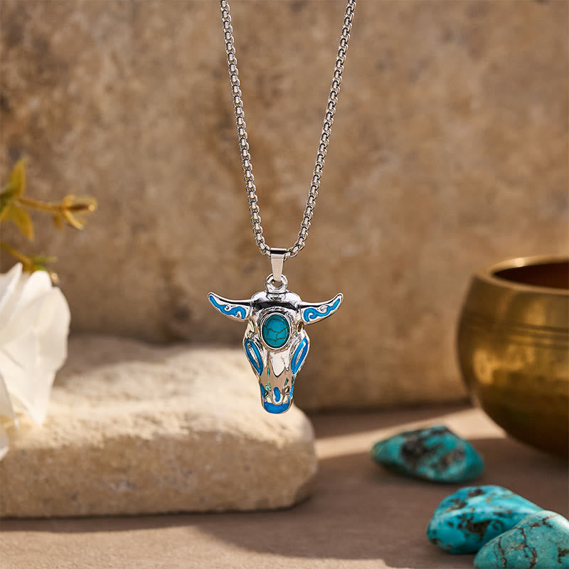 Collana da uomo vintage western con teschio di toro fosforescente - Blu - image 0