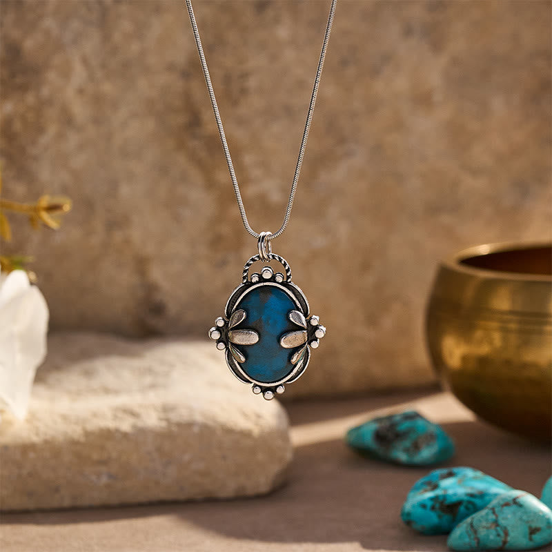 Collana vintage con pendente ovale in pietra blu a motivi floreali. - Argento - image 0