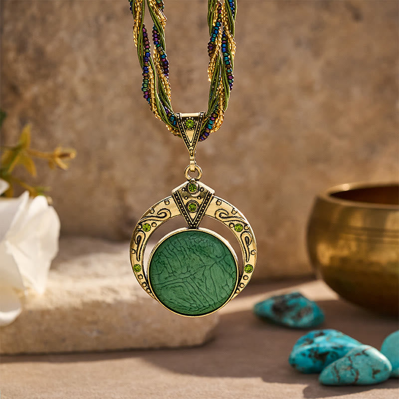 Collana bohemien vintage fatta a mano con perline e pietra rotonda - Verde - image 0