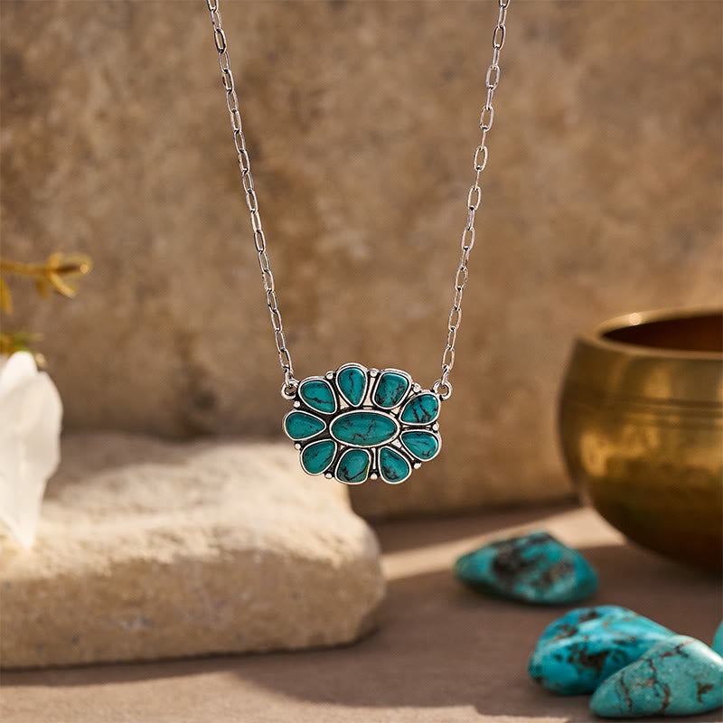 Collana da donna vintage boho con fiore turchese - Blu - image 0