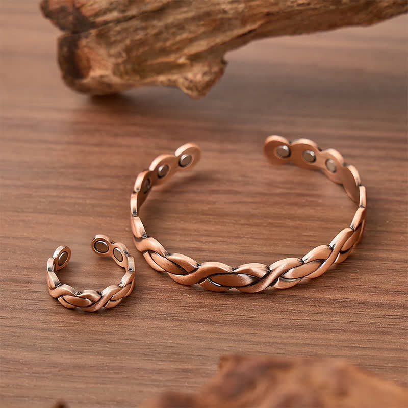 Set di bracciale e anello magnetico intrecciati in rame puro - image 2