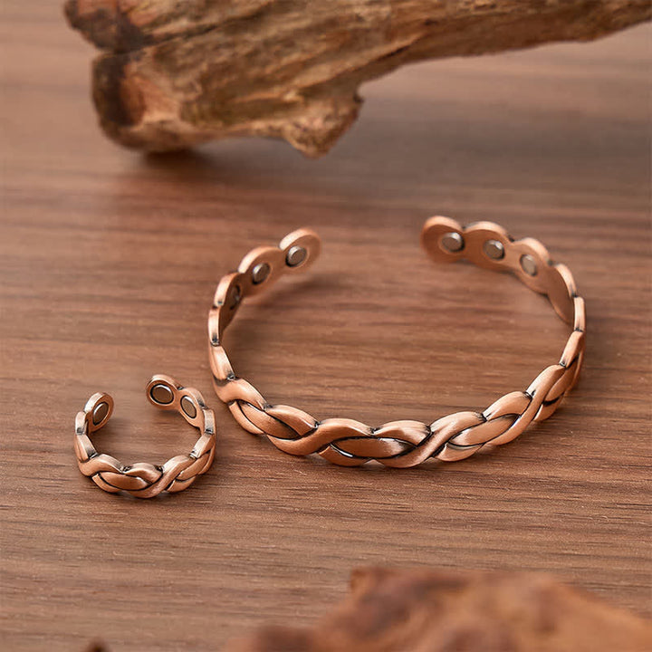 Set di bracciale e anello magnetico intrecciati in rame puro - image 2