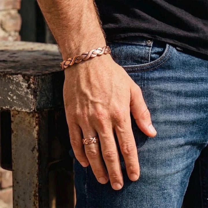 Set di bracciale e anello magnetico intrecciati in rame puro - image 1