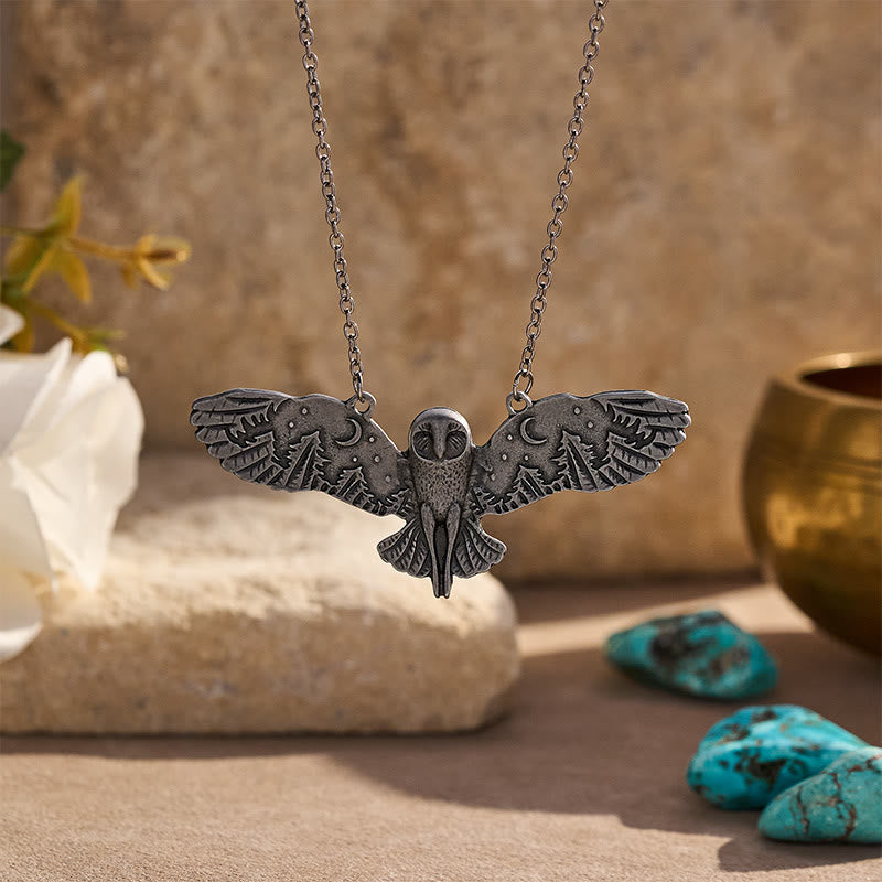 Collana vintage con ciondolo a forma di gufo, luna e ali della foresta. - Argento - image 0