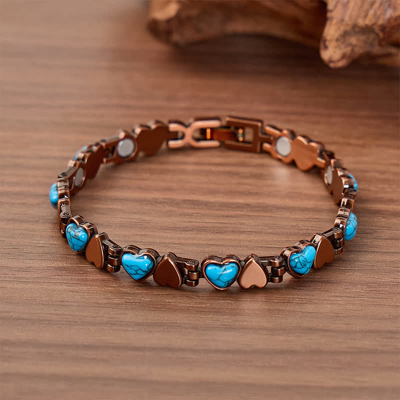 Bracciale con catena magnetica in rame e cuore turchese, completo di strumento per la rimozione delle maglie. - Bronzo Rosso - image 0