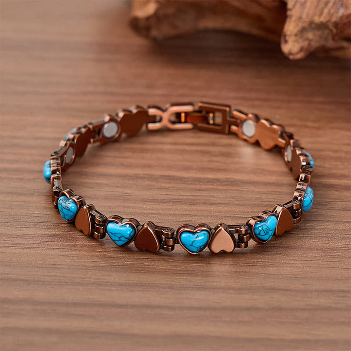 Bracciale con catena magnetica in rame e cuore turchese, completo di strumento per la rimozione delle maglie. - Bronzo Rosso - image 0