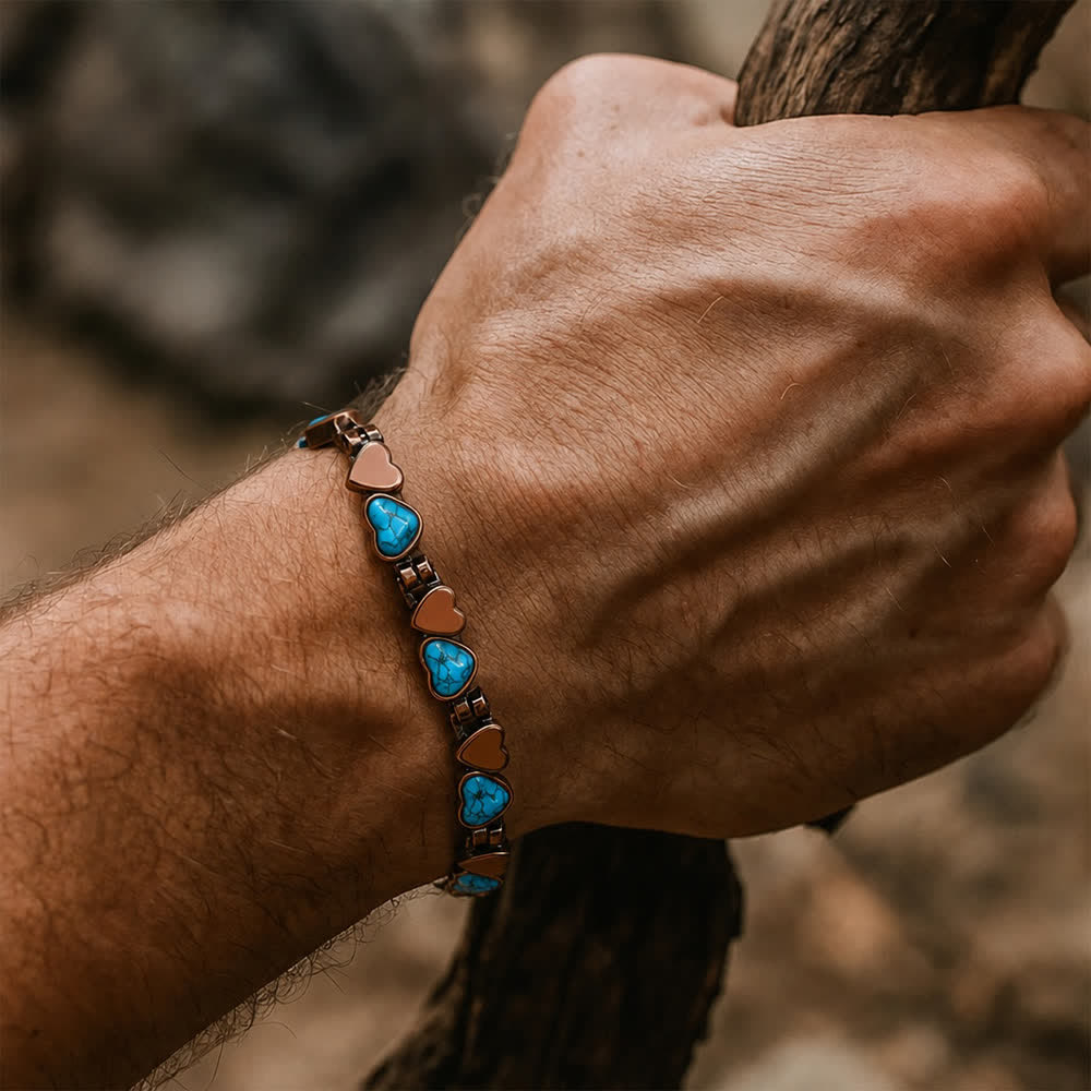 Bracciale con catena magnetica in rame e cuore turchese, completo di strumento per la rimozione delle maglie. - image 1
