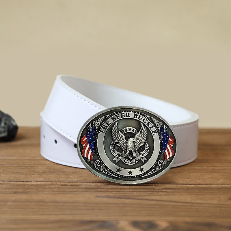 Cintura in pelle con fibbia porta birra creativa fai da te con bandiera USA e aquila da uomo - Argento - Cintura PU bianca (40) - image 15