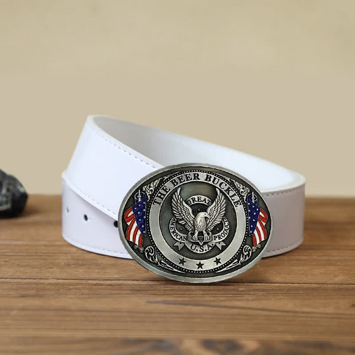 Cintura in pelle con fibbia porta birra creativa fai da te con bandiera USA e aquila da uomo - Argento - Cintura PU bianca (40) - image 15