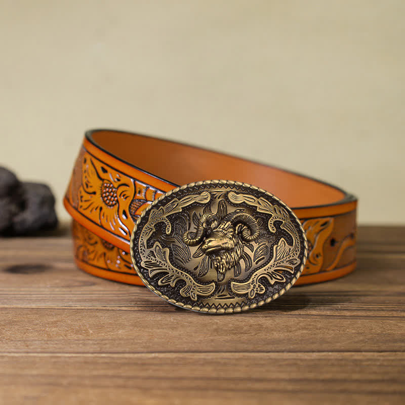 Cintura in pelle con fibbia a forma di testa di capra selvatica in bronzo fai da te da uomo