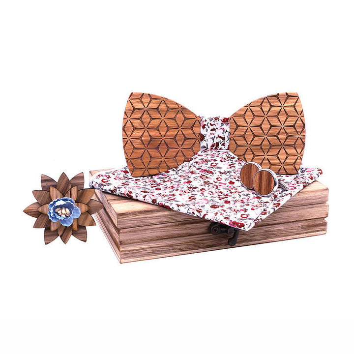 Set di 4 papillon in legno con intaglio geometrico da uomo - Bianco e rosso floreale - image 0