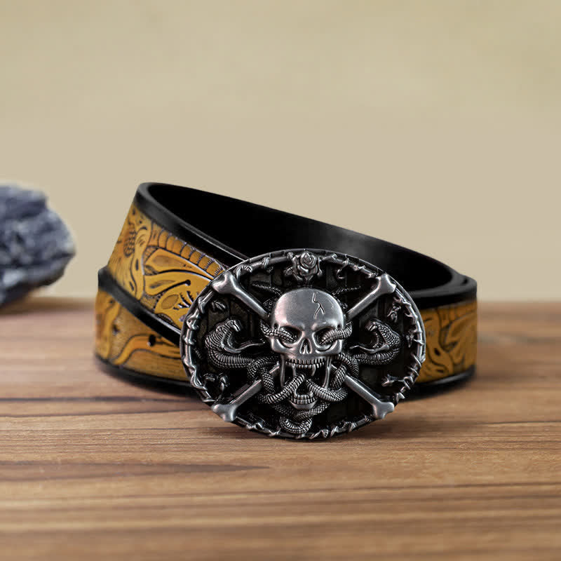 Cintura in pelle con fibbia a serpente con teschio e croce gotica fai da te da uomo - Cranio - Cintura marrone sabbia (40) - image 12