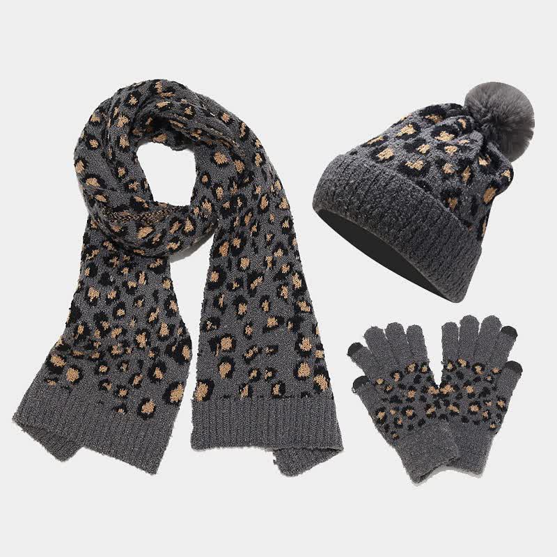 Set di 3 cappelli, sciarpe e guanti con stampa leopardata da donna