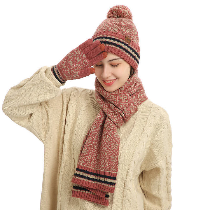 Set di 3 guanti touchscreen unisex con cappello e sciarpa a fiocco di neve