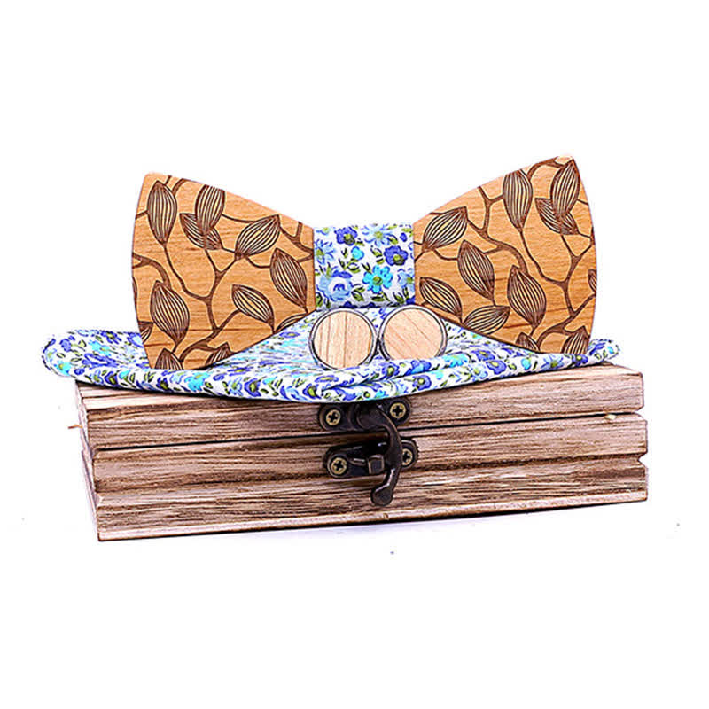 Set di 3 papillon in legno con motivo a foglia da uomo