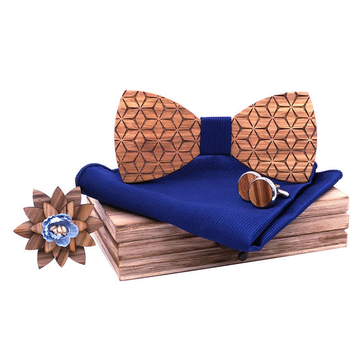 Set di 4 papillon in legno con intaglio geometrico da uomo - Blu solido - image 9