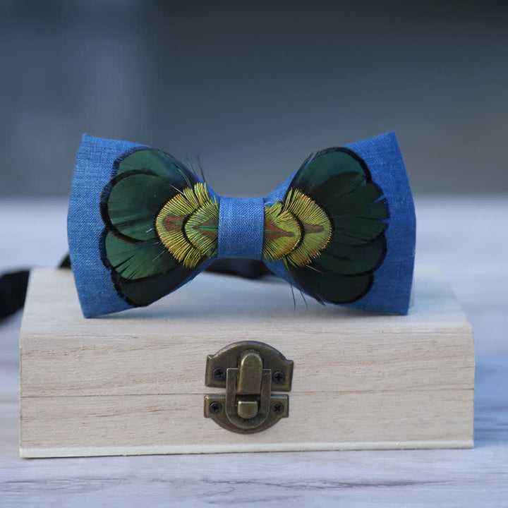 Papillon in piuma di pavone di lino verde scuro e blu