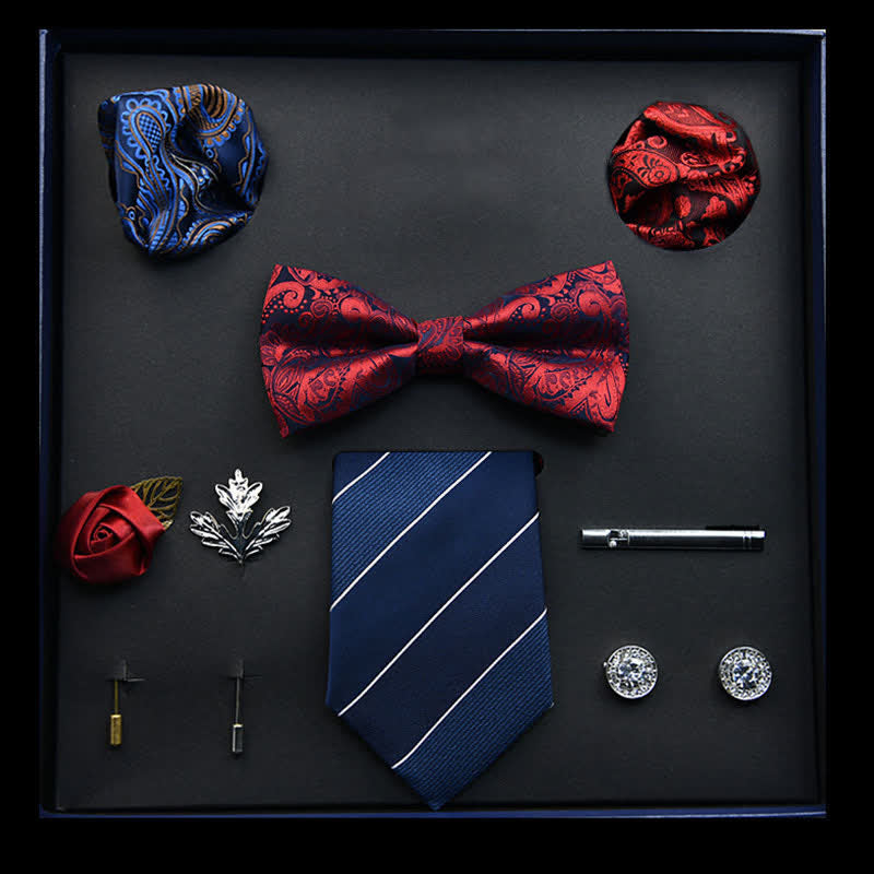 8 pezzi papillon gemelli classici da uomo rossi e blu in scatola regalo - Rosso e blu - image 0