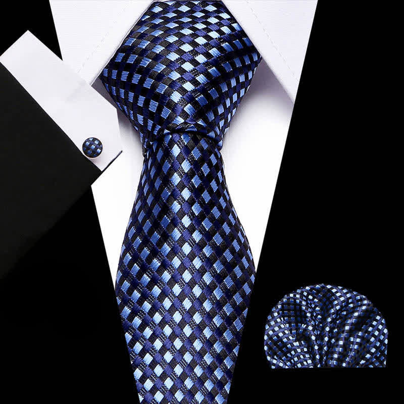 Set di 3 cravatte a quadri piccoli blu chiaro e blu navy da uomo - Azzurro chiaro e blu navy - image 0
