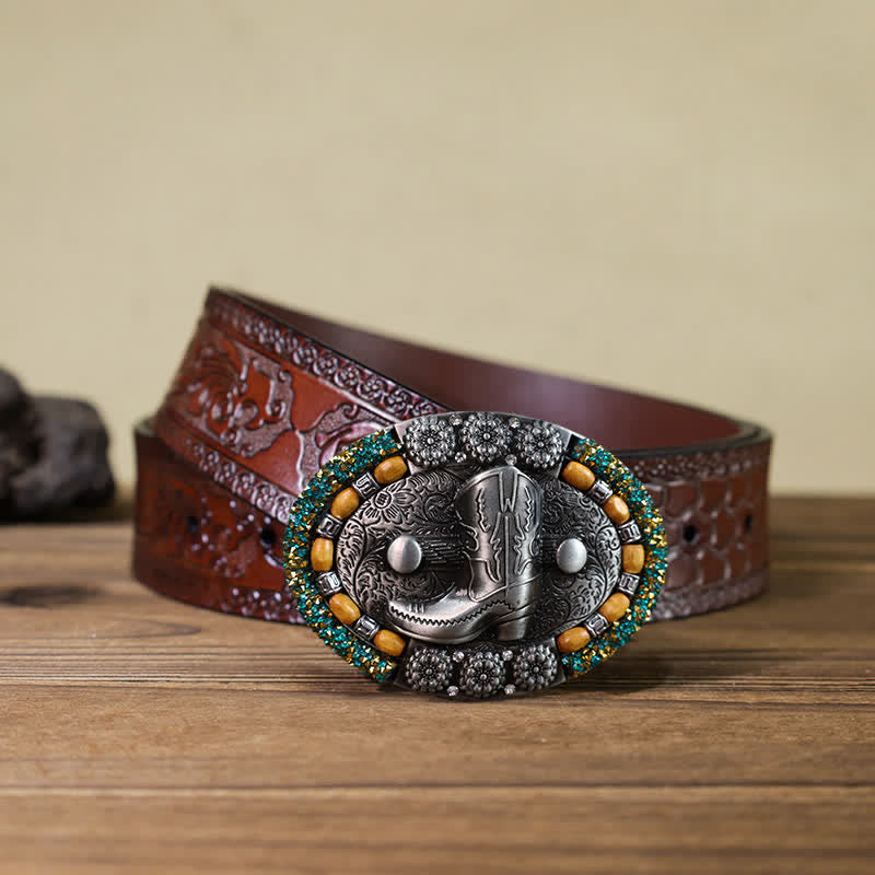 Cintura in pelle con fibbia per stivali con perline di legno e strass fai da te da uomo