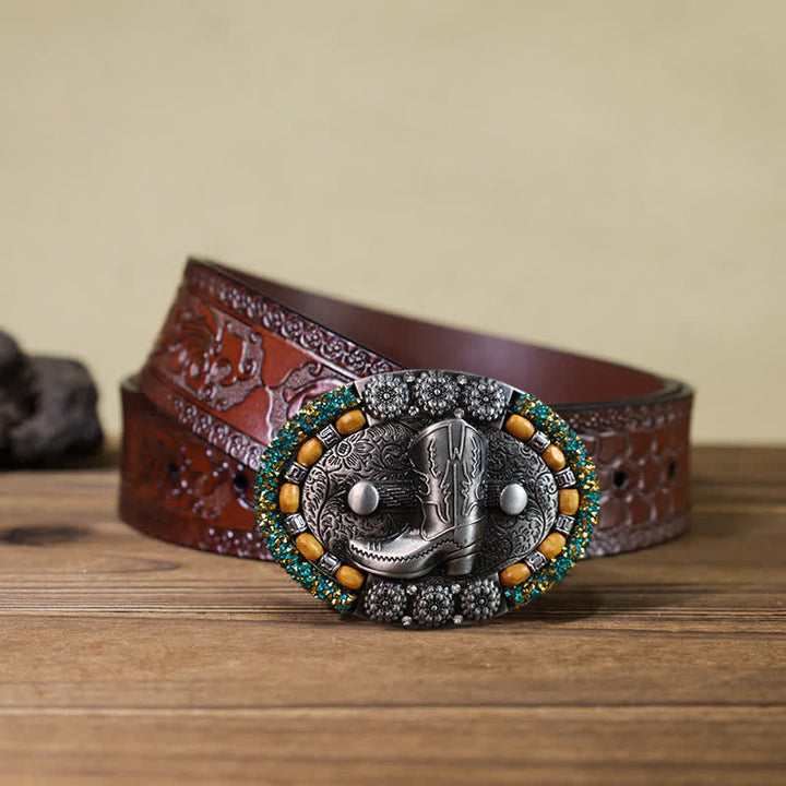 Cintura in pelle con fibbia per stivali con perline di legno e strass fai da te da uomo