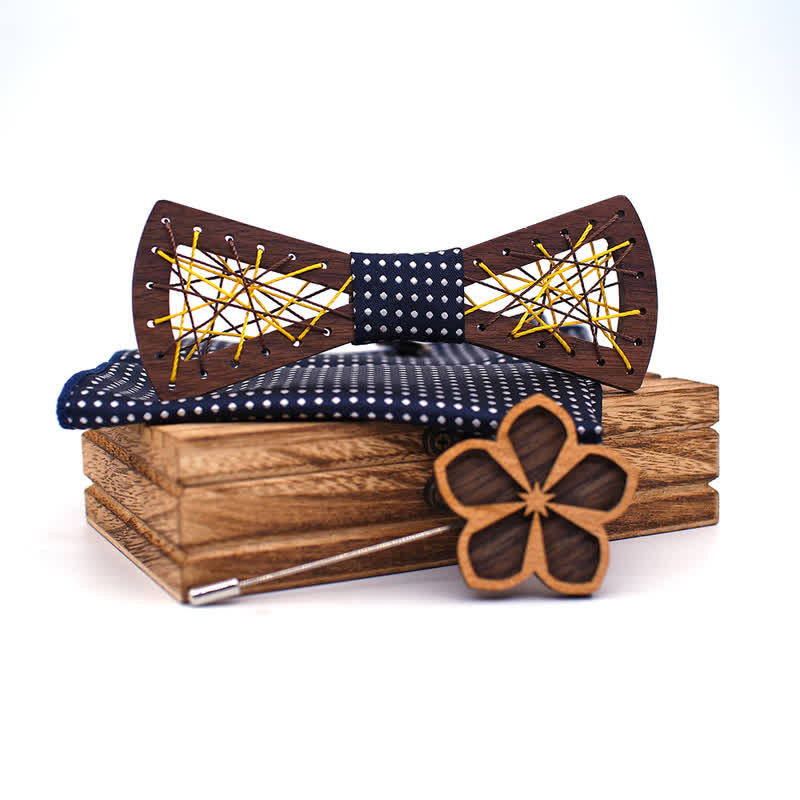Set di 3 papillon in legno ricamati e intrecciati da uomo