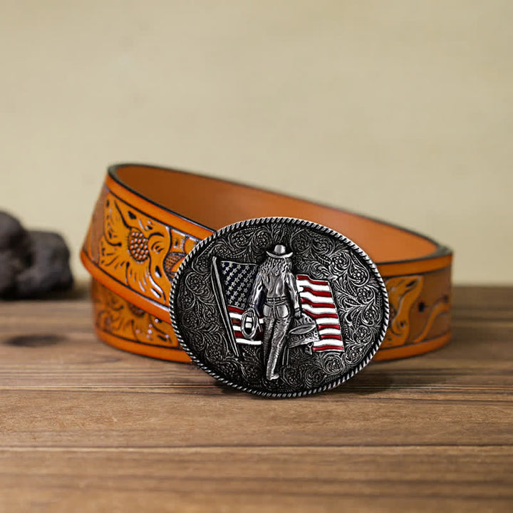 Cintura in pelle con fibbia della bandiera americana da cowboy fai da te da uomo