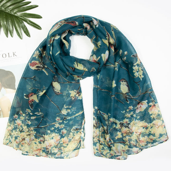 Sciarpa leggera da donna con uccelli floreali in fiore