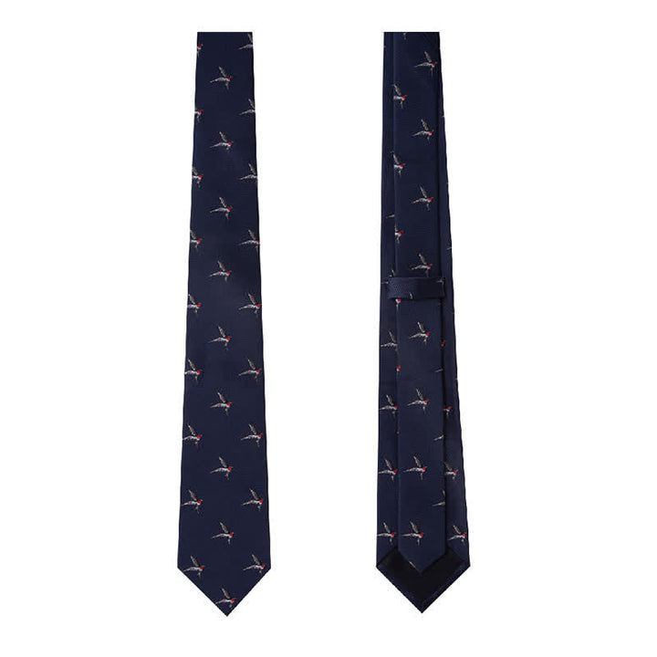 Cravatta da uomo con rondine ricamata in tessuto blu navy - image 5