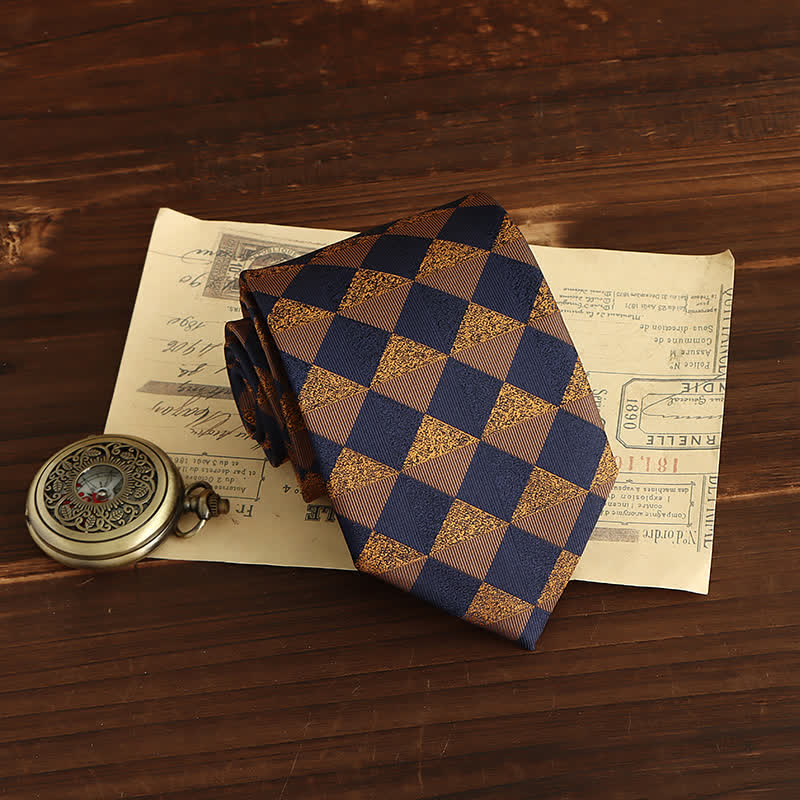 Cravatta da uomo a quadri color oro rustico e blu navy